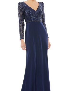 Mac Duggal Navy Sequin Long Sleeve V-Neck Gown